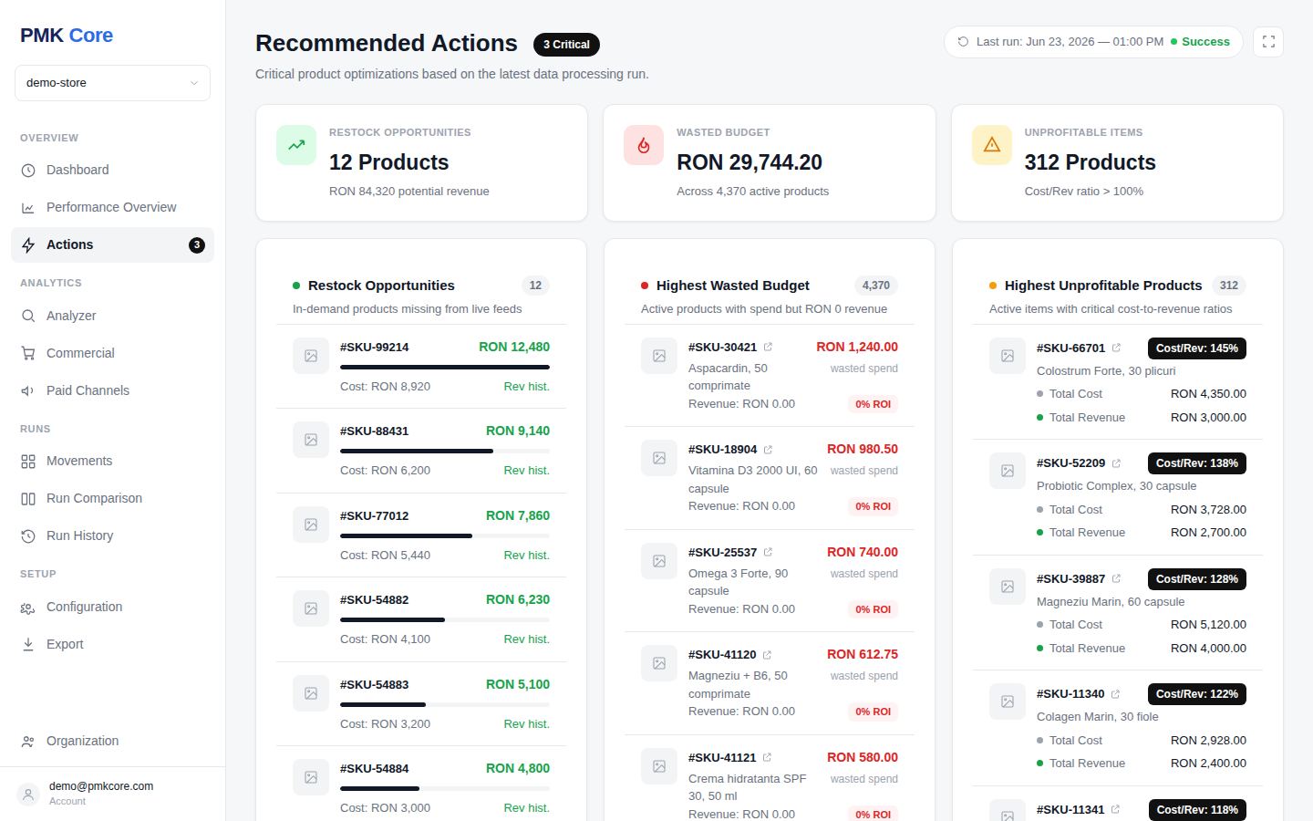 Actions: prioritized recommendations generated from the latest run